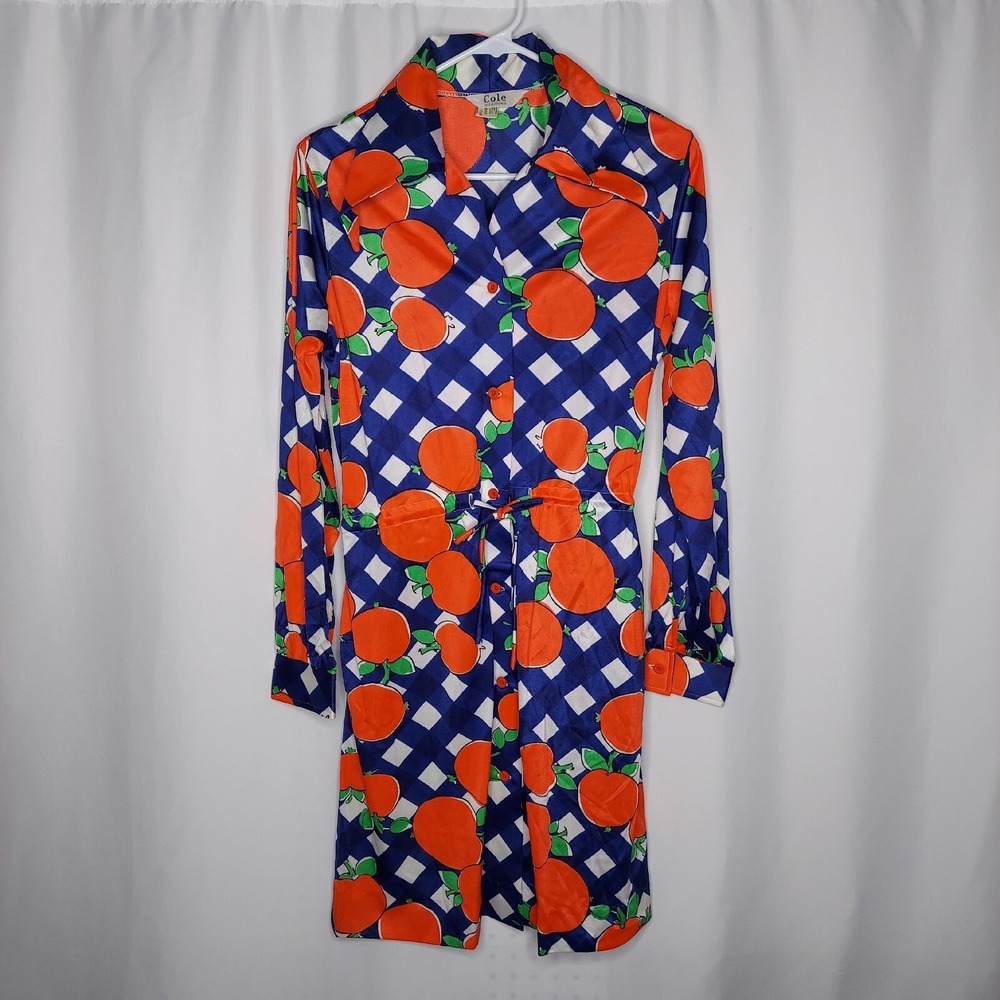Cole Vtg 60s Point Collar Dress Medium Red Apples Nylon Button Drawstring Pocket